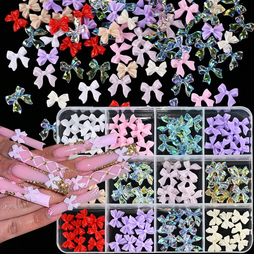 96 sztuk/pudło mieszane 3D żywica łuk ozdoby do paznokci Charms różowy/biały/fioletowy Aurora Bowknot Flatback klejnoty do paznokci Kawaii łuk DIY Manicure Decorat