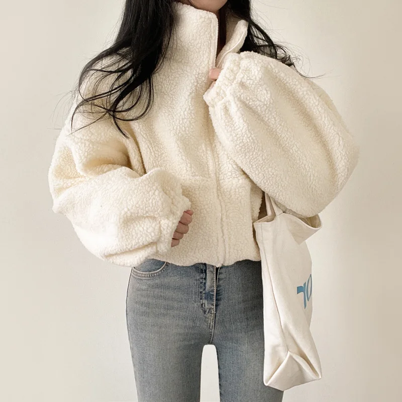 Koreanischer Stil Stehkragen-Hoodie mit Reißverschluss Übergroßer Damen-Hoodie für Herbst/Winter Lammwolle Langarm-Freizeitoberteil Y2K Streetwear-Stil – Detail 3