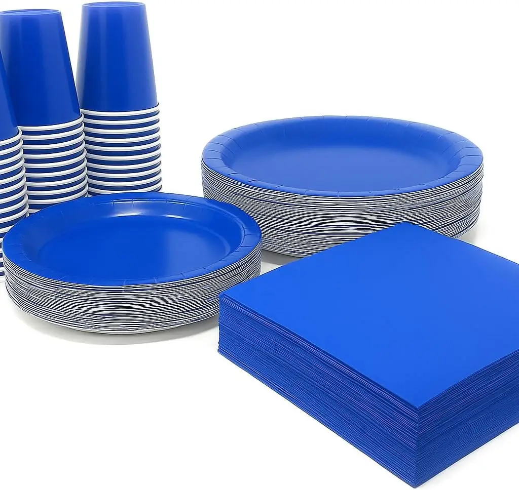 

Blue Disposable Dinnerware Set 200 Pcs – Serves 50 Guests – Plates, Cups, Napkins for Parties & Events