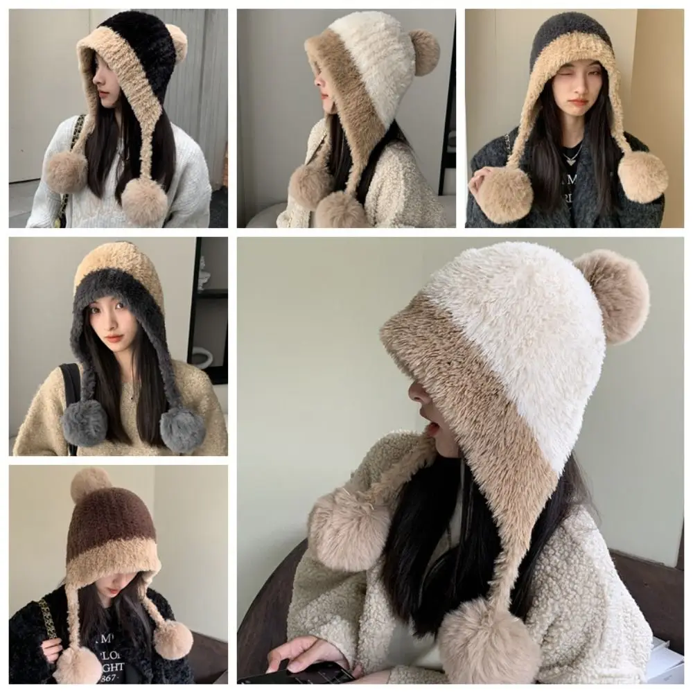 Big Head Circumference Plush Ear Protection Cap Thicken Keep Warm Knitted Beanie Cap Fluffy Ball Woolen Pullover Hat