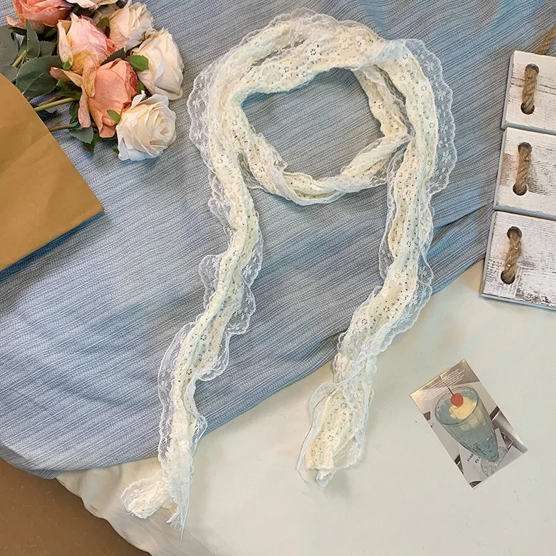 

Весенне-летний кремовый кружевной шарф в винтажном стиле для женщин, универсальный шарф-лента в корейском стиле.
