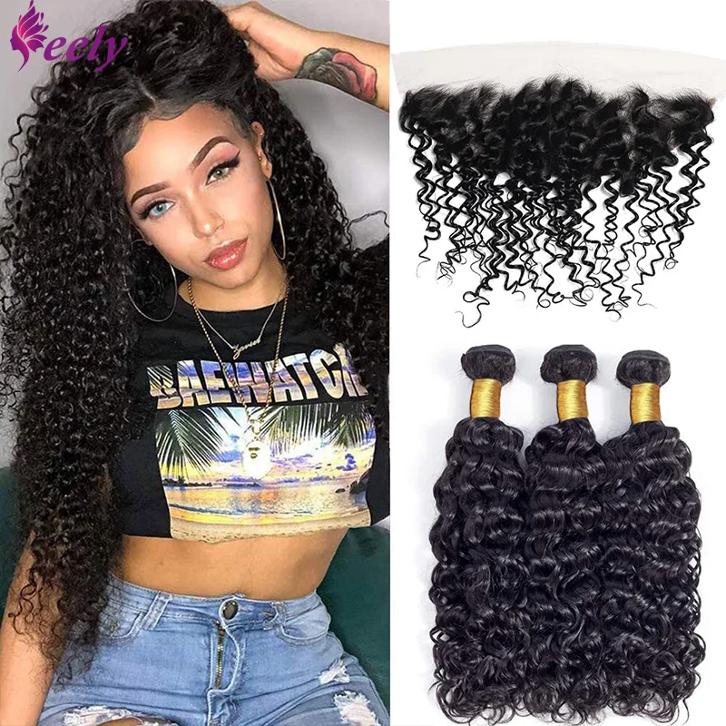 Deep Wave 3 Bundles with Frontal  100% Human Hair Extensions Unprocessed Brazilian Deep Wave 3 Bundles with Frontal Curly Hair