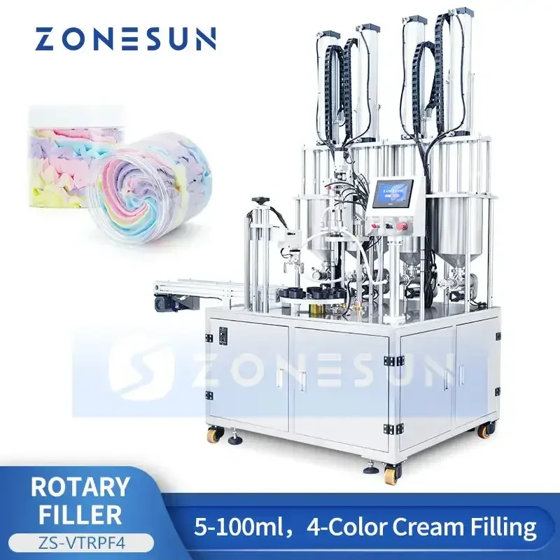 ZONESUN ZS-VTRPF4 Riempitrice automatica per crema a 4 colori |   Riempitore cosmetico rotante per vasetti da 5-100 ml