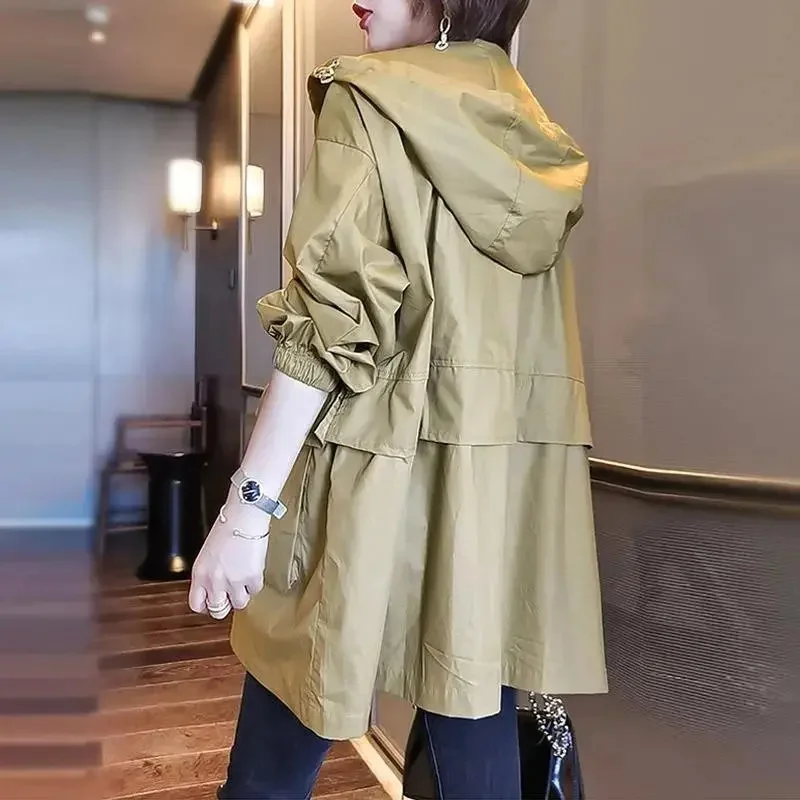 

2025 New Spring Autumn Casual Lined Windbreaker Women's Korean Fashion Workwear Hooded Trench Coat Black Long Outwear Khaki Tops