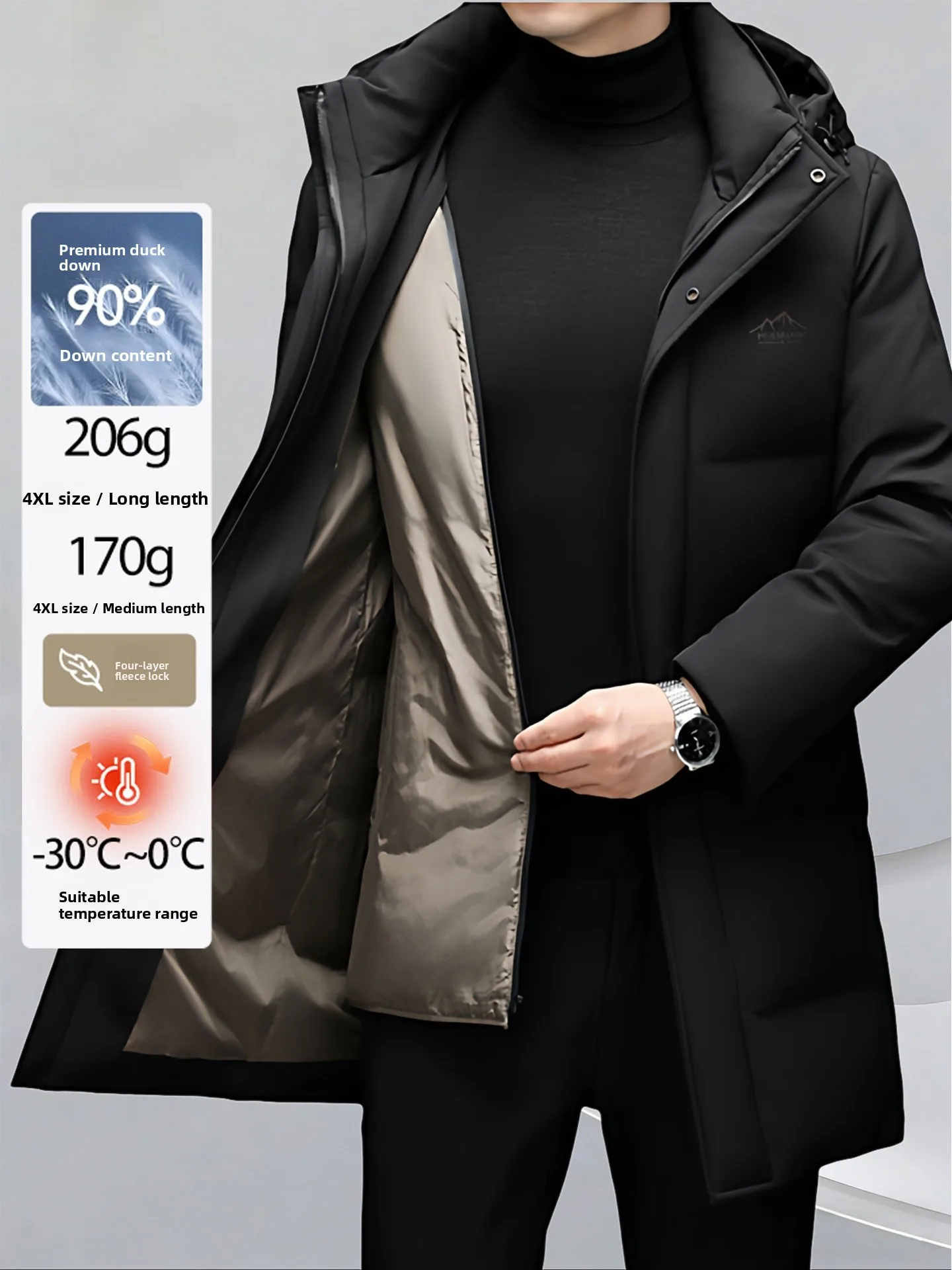 

Мужская зимняя теплая куртка Pierre Cardin средней длины с наполнителем из пуха, до колен, деловой стиль, полиэстер, нейлон