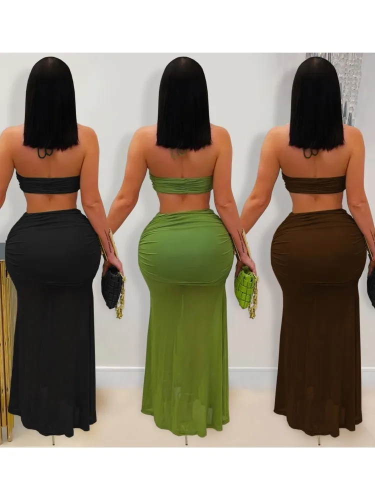 Bademode Rock Cover-up 2-teiliges Set Frauen Crop Tops und langen Rock Badeanzug Fashion Solid Hohl Sexy Strand Cover Up Outfits