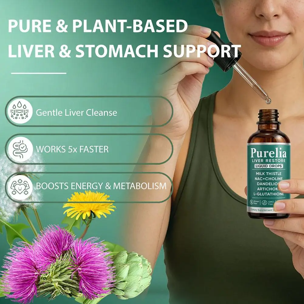 Purelia Liver Restore Liquid Drops Milk Thistle Herbal Formula Dandelion Artichoke Glutathione Daily Body Wellness Supplement