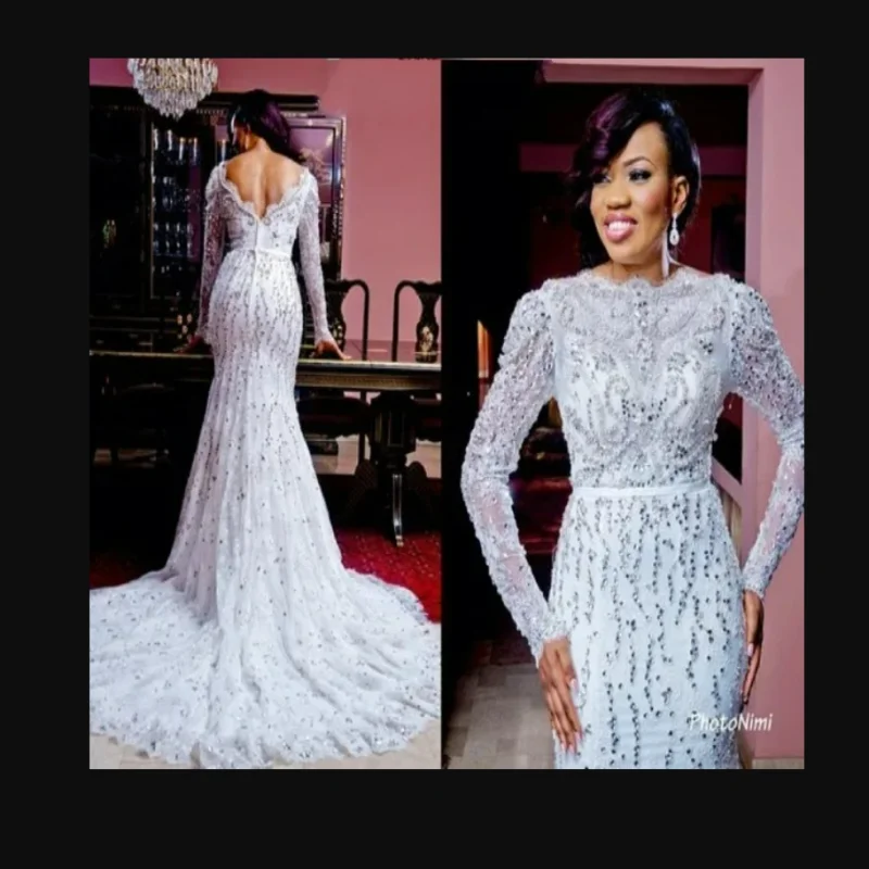 

Customized Arabic Nigerian Sparkly Crystals Beads Mermaid Wedding Dress Robe De Mariée Long Sleeves Backless Bridal Gown