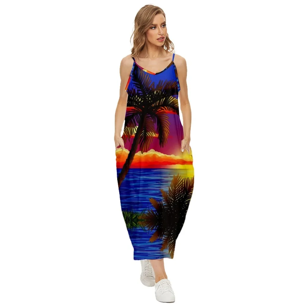 

Women Dress Halter Neck Summer Hawaii Printed Sleeveless Midi Backless Loose Party Sexy Dresses Beach Streetwea