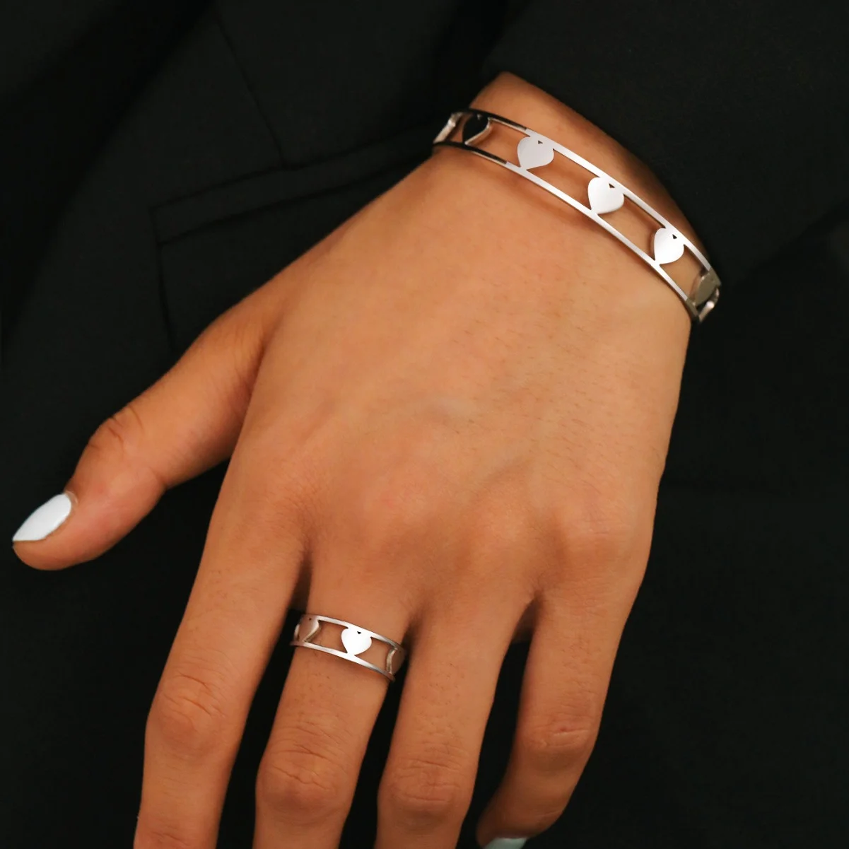 Boho Love Heart Cutout Ring and Bracelet Set, Waterproof and Fadeproof, Women's Jewelry, Wedding Party Favors