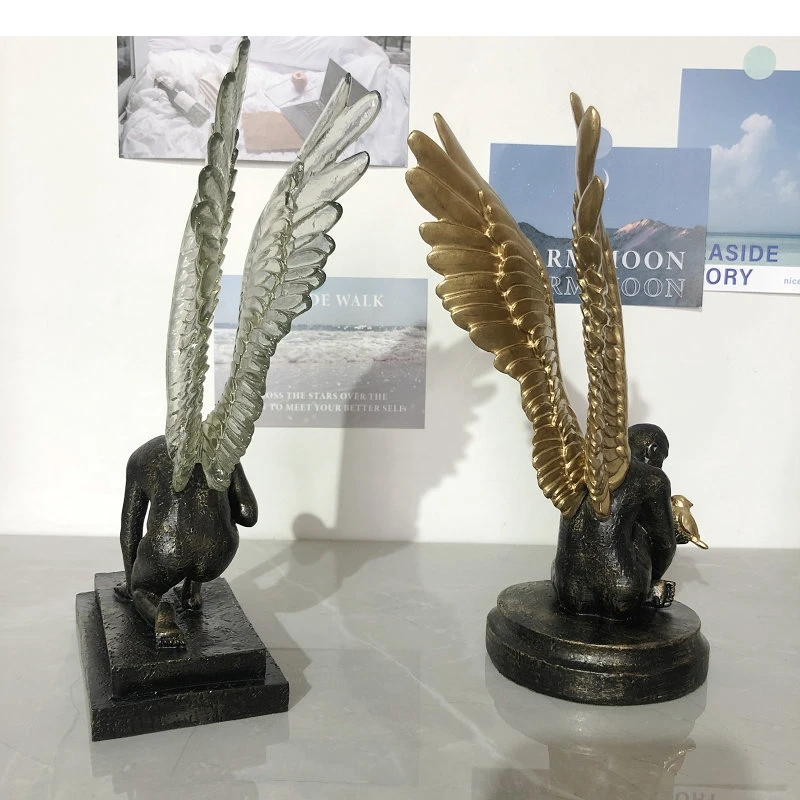 Resin Handicraft Golden Angel Winged Boy Abstract Figure Sculpture Thinker Decorative Figurines Home Decoration Accessories