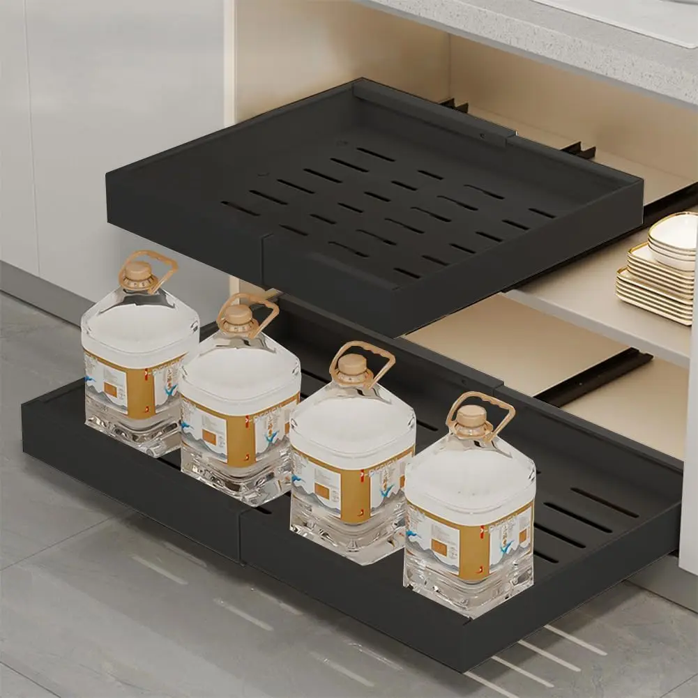 Garvee Ausziehbarer Schrank-Organizer, Schwerlast-Schiebeorganizer mit Klebefolie, Verstellbares Aufbewahrungsregal Schwarz 43,5-68cm für Küchenschrank, Speisekammer, Badezimmer