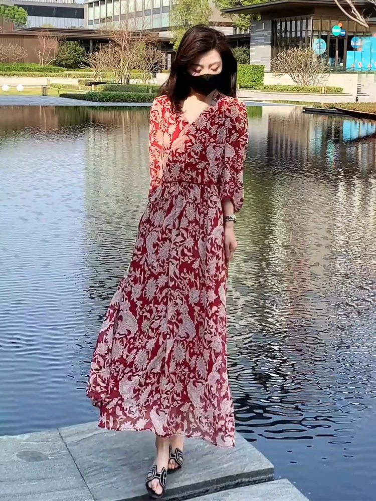 Ele Vintage Bloemen Zomer Dr Dames Losse Ademende Jurk Ele Casual Hoge Taille A-lijn Rok voor Vakantie