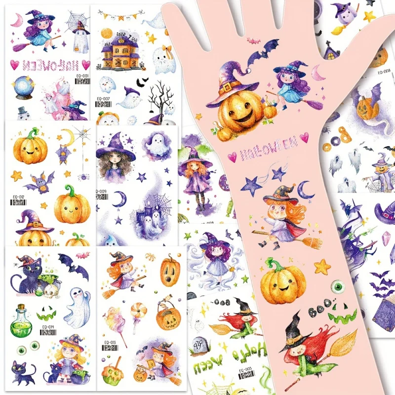 12-Piece Glittery Halloween Temporary Tattoo Set - Cartoon Witch, Pumpkin and Girls Party. Gift Decoration, Lasts 2-5 Days