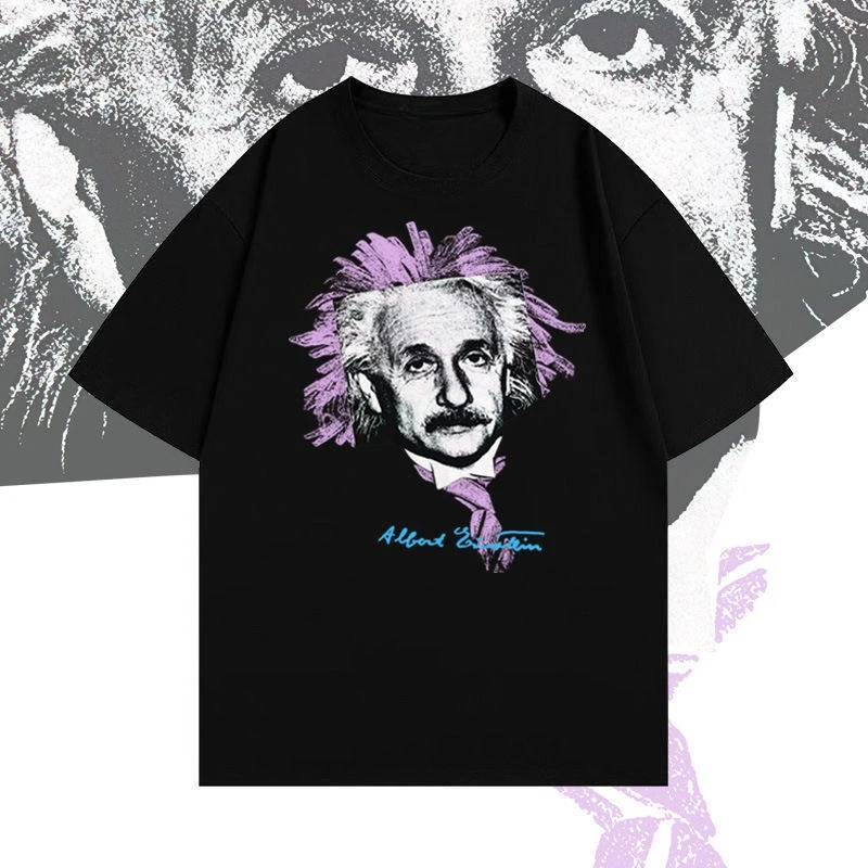 Camiseta Masculina de Manga Curta Estilo Americano com Estampa Einstein - Tendência de Verão, Blusa Solta e Respirável de Meia Manga