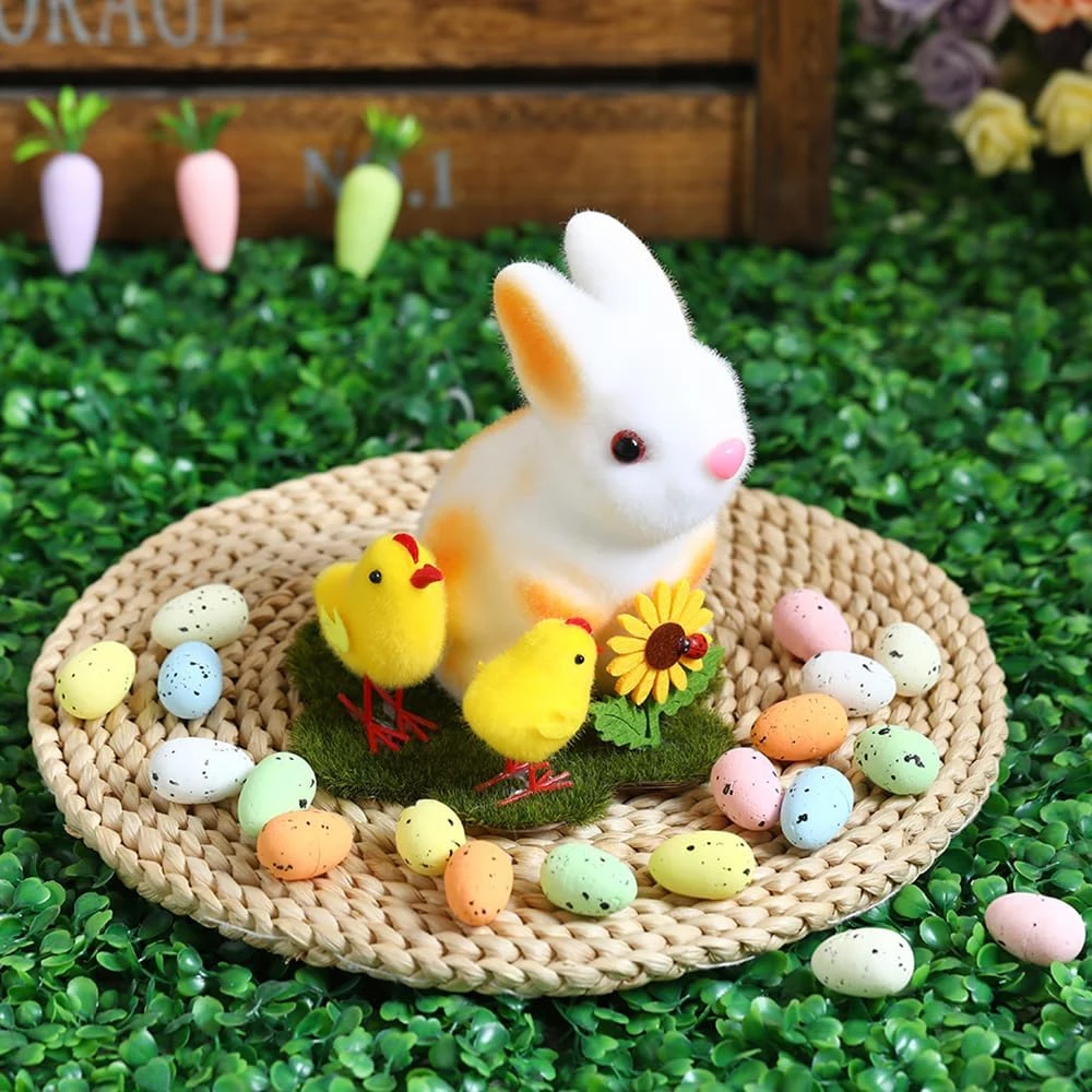 2025 Easter Plush Bunny Rabbit Chick Ornaments Handmade Flocked Bunny Chick Statues Suitable for Spring Easter Home Party Decora