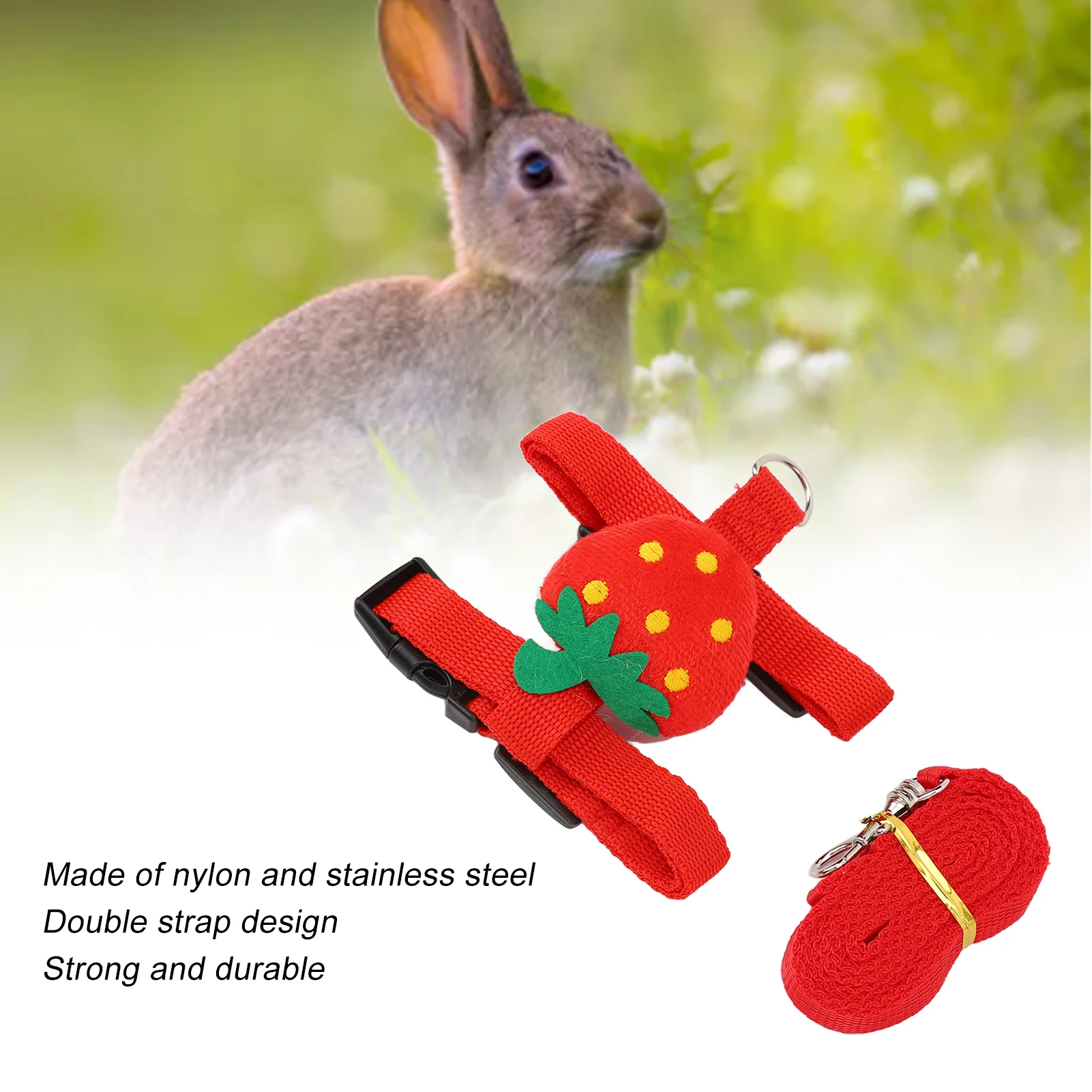 Rabbit Harness Leash Nylon Cute Strawberry Vest Harness Leash With Stainless Steel Hook For Pet Rabbits Chinchillas