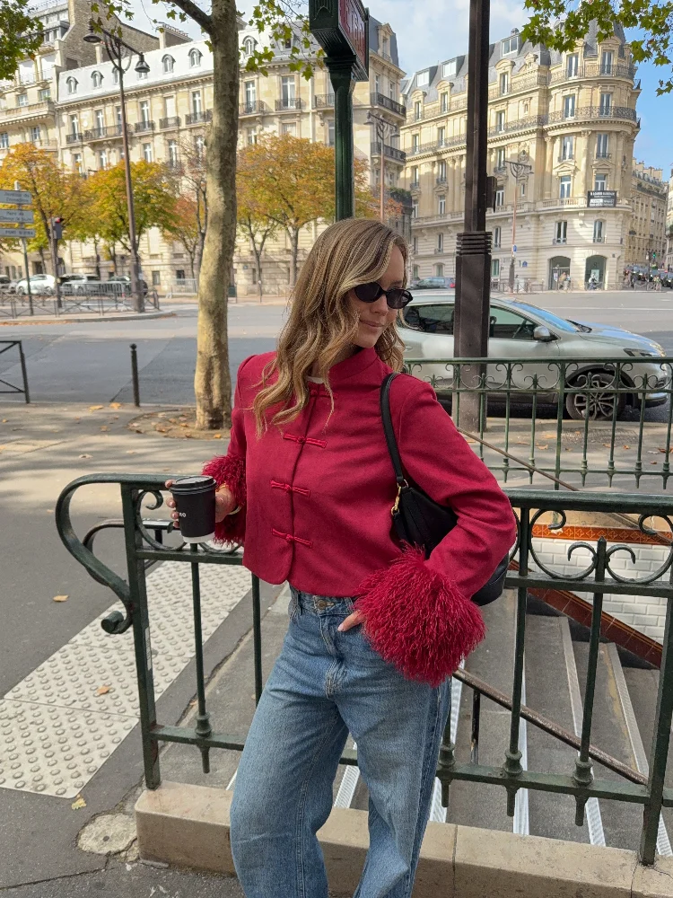 Women Retro Chinese Style Cropped Outerwear Stand Collar Frog Buttons Long Sleeve Faux Feather Trim Cuff New Fashion Short Coat