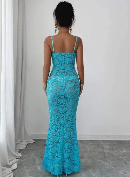 

Summer 2025 Women's Sexy Pure Desire Tight Solid Color Square Collar Lace Perspective Sleeveless Hip Wrapping Strap Dress