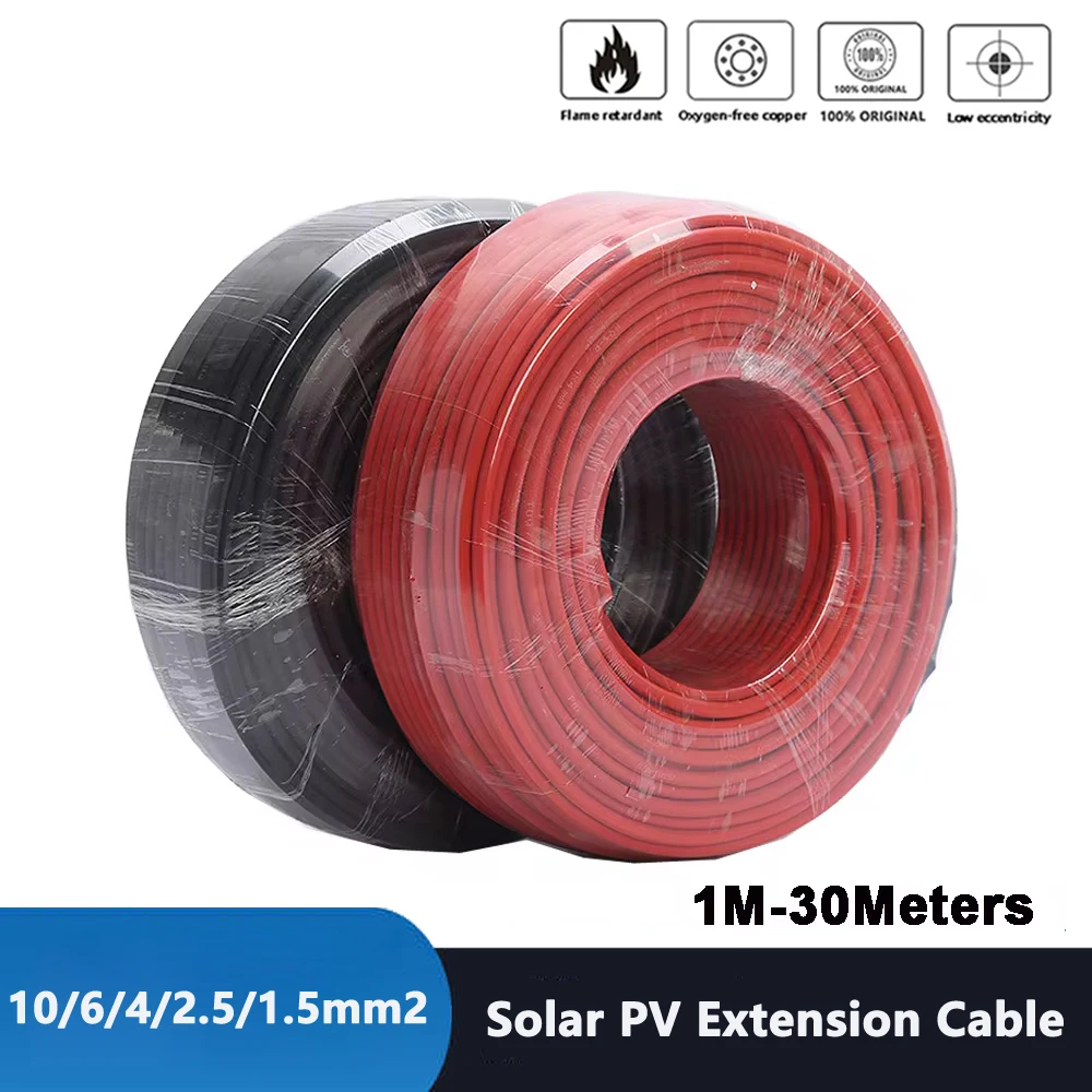 14/12/10 AWG Solar Photovoltaic Cable 2.5mm2 4mm2 6mm2 Solar Panel DC Extension Black or Red Copper Wire for Solar PV System