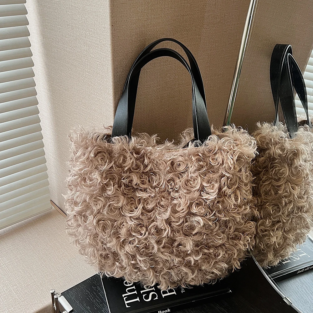 

High Grade Plush Handbags for Women Delicate Elegant Solid Color Soft Square Bucket Bag Autumn Winter Simple All-Match Bags
