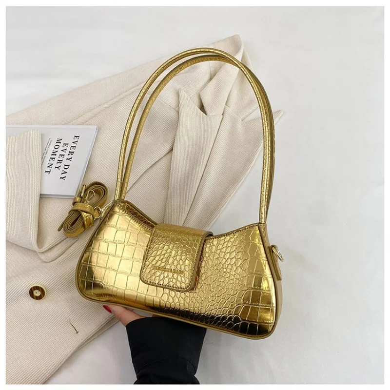 Women Crocodile Pattern Baguette Shoulder Bag, Solid Color Glossy Finish Retro Underarm Hand Purse