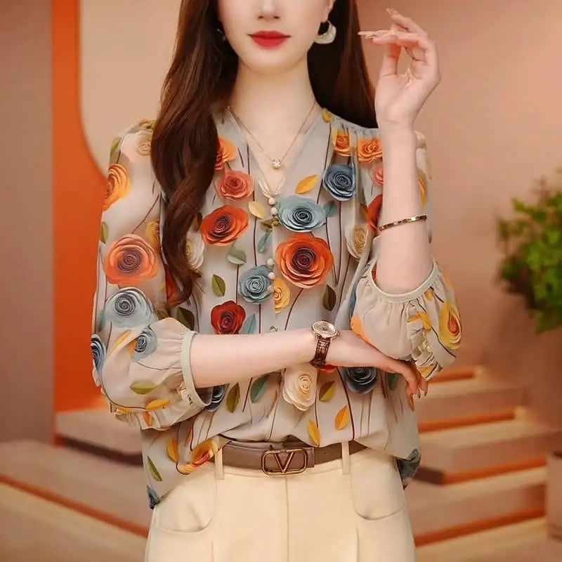 Large Size Spring Autumn Temperament V-Neck Shirt Female Fashion Vintage Floral Contrast Color Button Office Lady All-match Tops