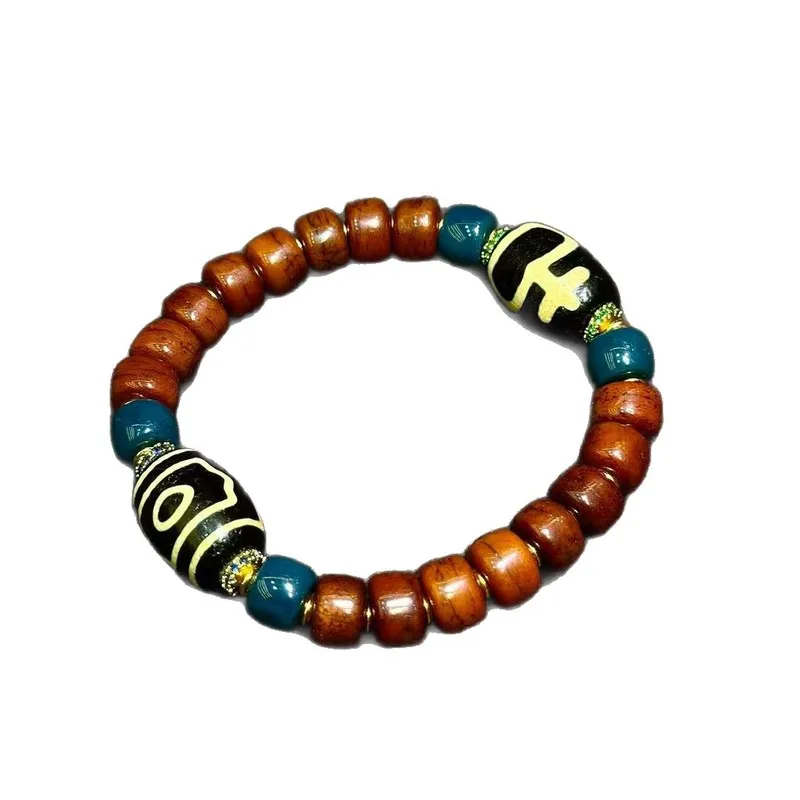 5A Grade Natural Genuine Old Mine Agate Three-Eyed Vajra Bead with Cow Bone, Tibetan Style Single-Loop Bracelet