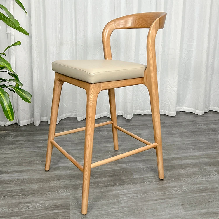 

Restaurant Chairs Furniture Barstool Leather Solid Wood Frame High Bar Stool With Back Bar Chairs Counter Height Chair