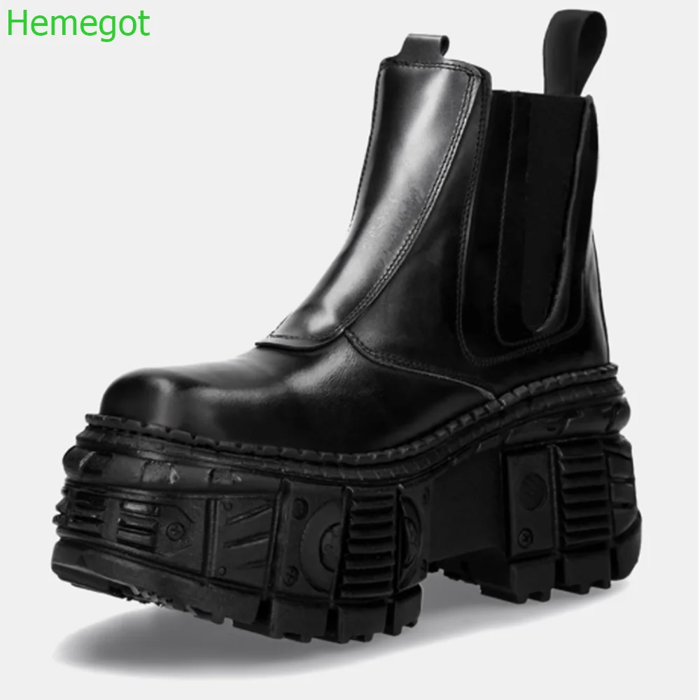 

2024 Retro Punk Platform Women Boots Round Toe Fashion Tank Sole Ankle Boots Slip On Black Patent Leather Autumn Boots 5cm