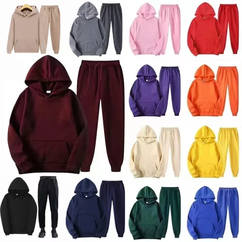 Conjunto de ropa deportiva para hombre y mujer, Sudadera con capucha informal de Color sólido, Jersey grueso y pantalones, traje de Jogging de otoño e invierno, nuevo, 2 piezas