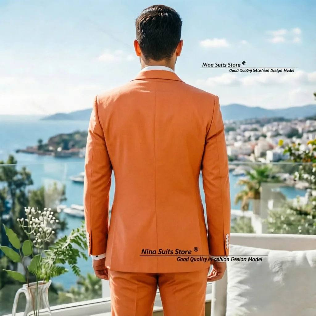Nina Store 2026 Fashion Men's Cocktail Party Suit 2-piece set, Orange, Green, Blue, Red, Black, Pink with White Satin Ribbon