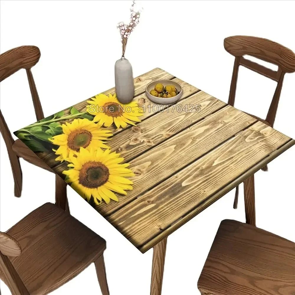 Sunflower Square Fitted Tablecloth Polyester Table Covers Yellow Flower Elastic Edge Decoration for Holiday Party Banquet Dinner
