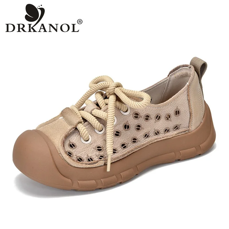 DRKANOL 2026 Fashion Women Flat Platform Shoes Summer Hollow Out Breathable Genuine Leather Lace-Up Retro Style Casual Shoes