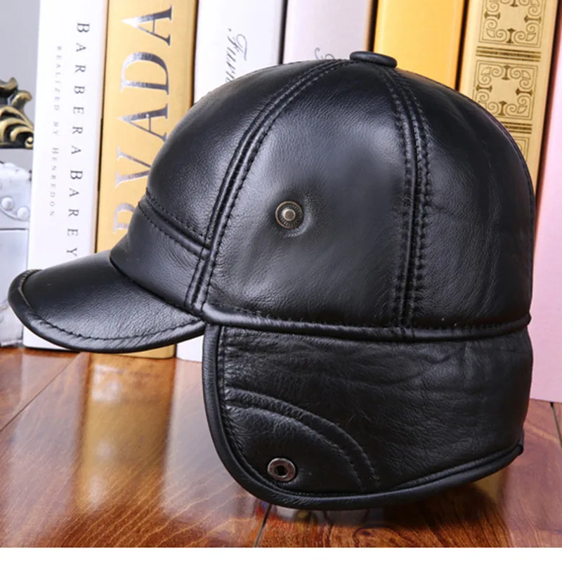 High Quality Leather Fur Hat Winter Outdoor Hat Cold-proof Old Man\'s Black Brown Leather Earring Bomber Hats