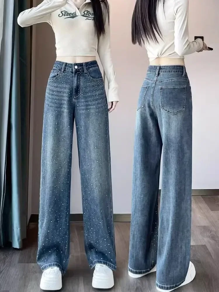 Fashion Y2k Hot Drilling Jeans High Waist Wide Leg Pants Spring Street Casual Plus Size Loose Denim Straight Legs Trousers Women