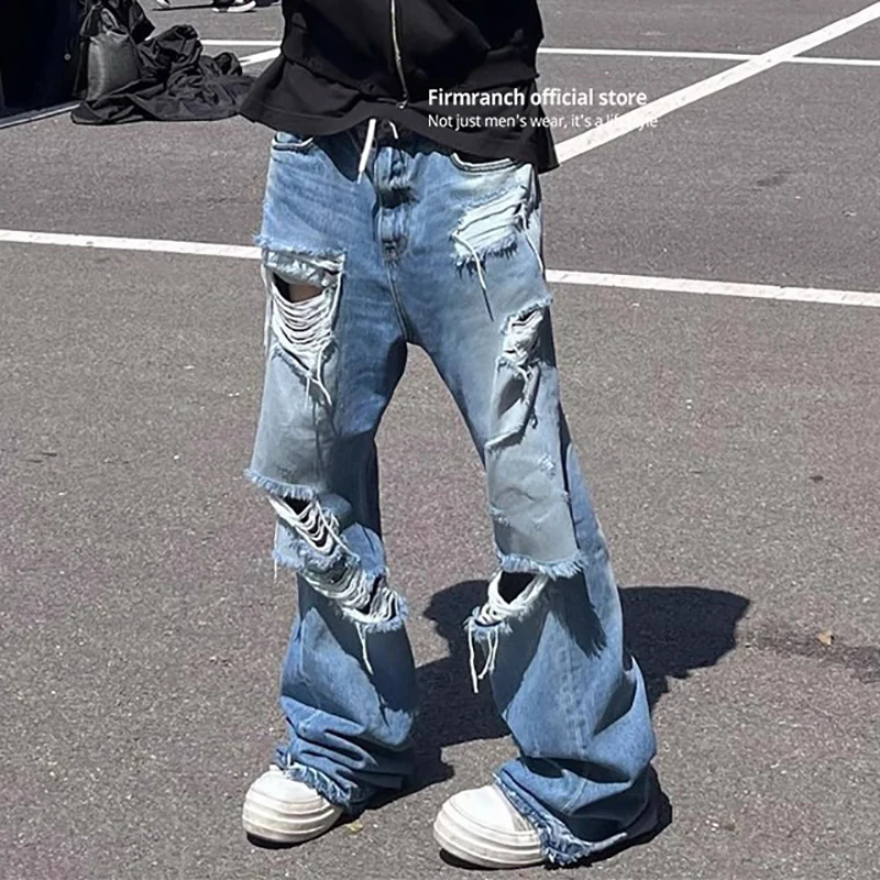 Firmranch 2024, koreanischer Stil, blaue zerrissene Jeans für Männer und Frauen, getragene Wischlänge, ausgestellte Denim-Streetwear-Catwhiskers-Hose