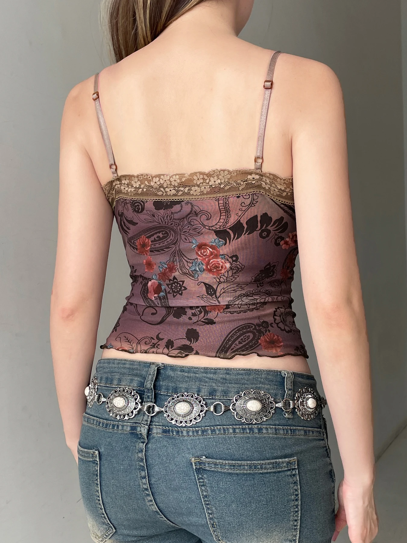 Rockmore Vintage Tulle Patchwork Floral Print Camis Women Mesh Lace Cross V Neck Crop Top Y2K Aesthetic Female Backless Corset