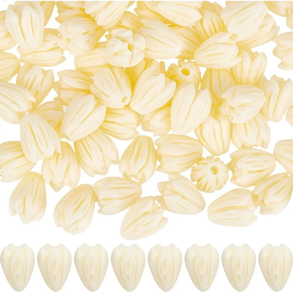 

1 Box 100Pcs 8mm Flowers Beads Light Yellow Flower Beads Bulk Coral Jasmine Beige Dyed 3D Carved Spacers for Jewelry