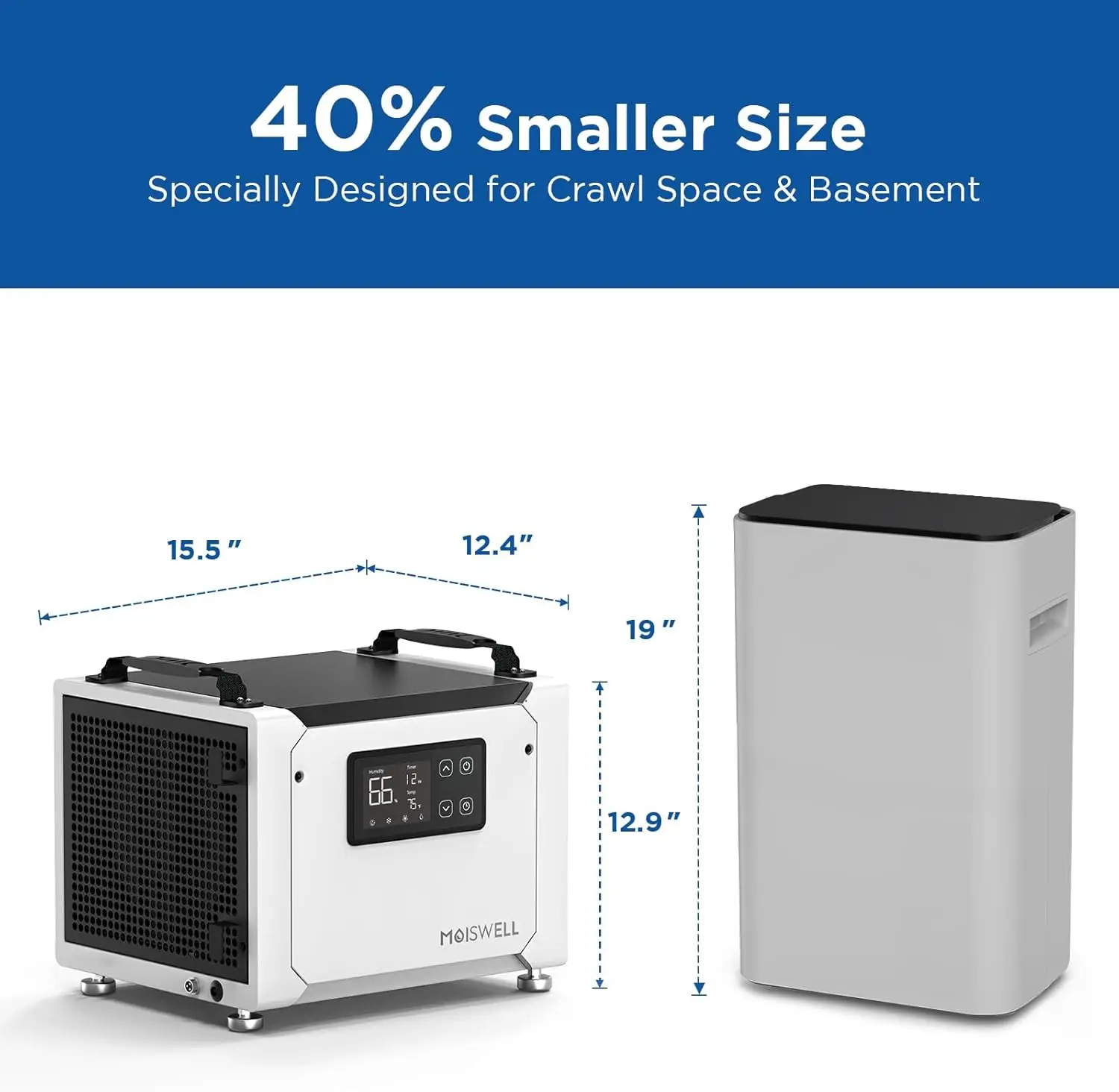 Moiswell 70 Pints Commercial Dehumidifier With Drain Hose | Compact Crawl Space Dehumidifier For Basement Home Auto Defrost