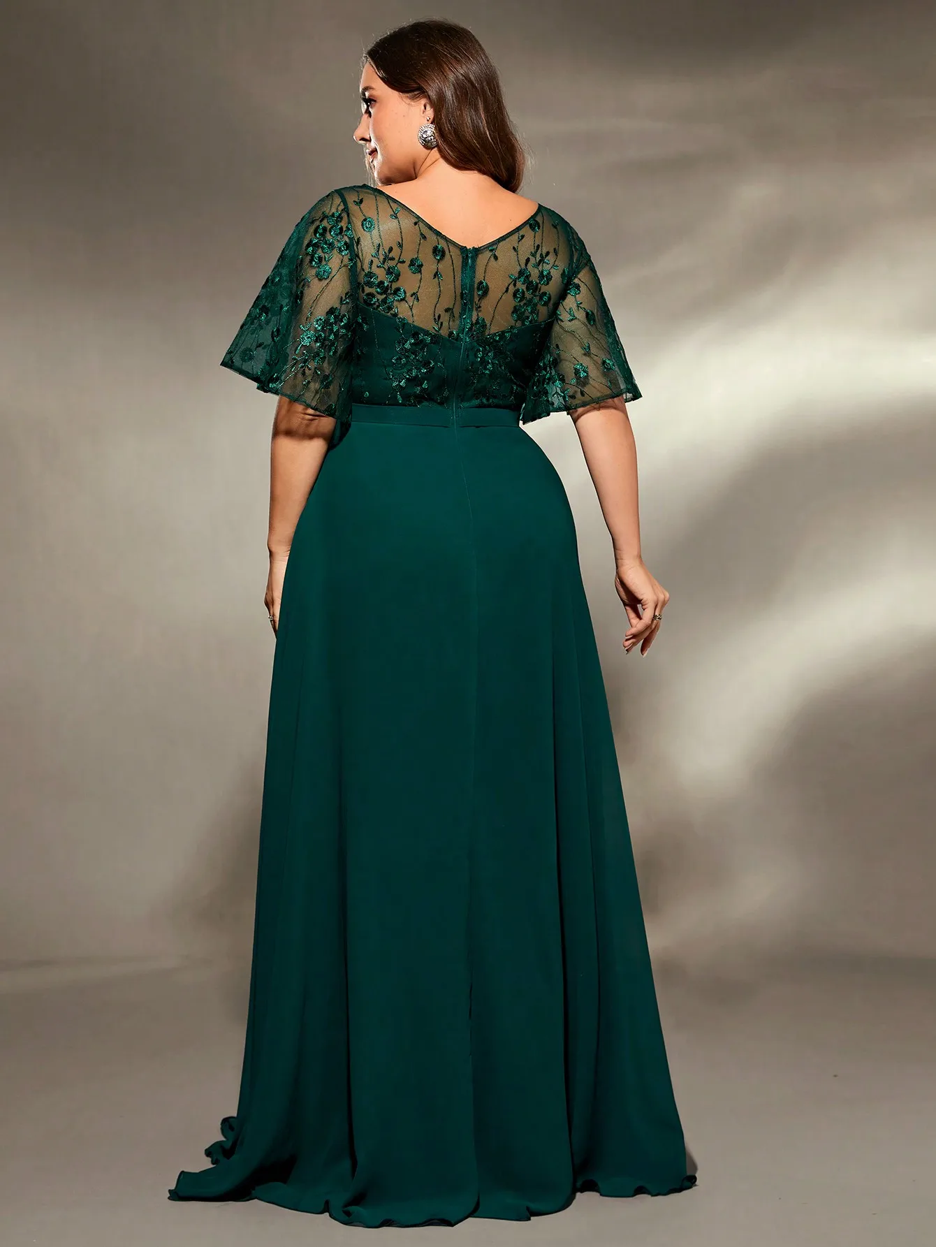 Mgiacy plus size V-neck See-through trumpet sleeve embroidered chiffon full skirt Evening gown Ball dress Party dress