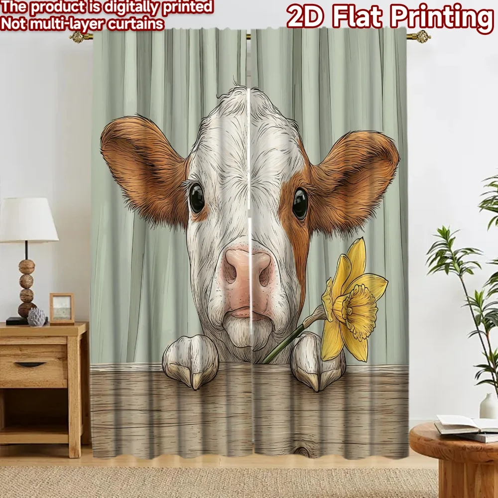 2D flat 2pcs Curtain Modern Minimalist Style Curtains Spring Calf Daffodil Digitally printed polyester Festive Holiday for