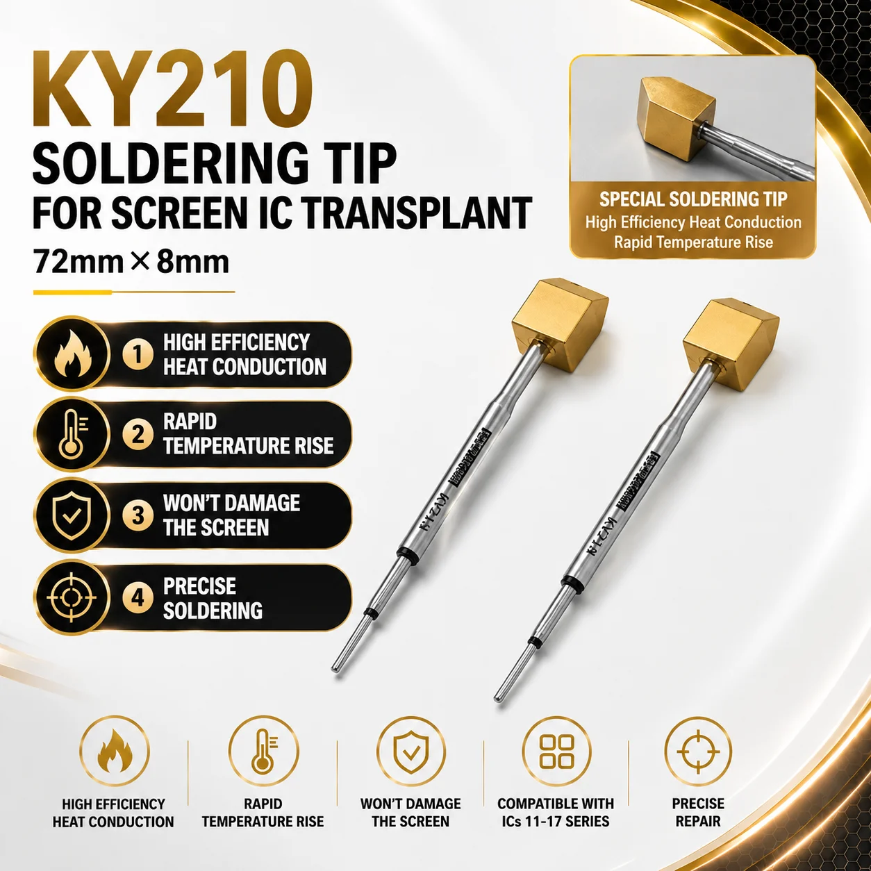 Keguan KY210 Soldering Tip Brass Square Head Tip for Phone Screen IC Transplant High Heat Conduction Mobile Repair Tools
