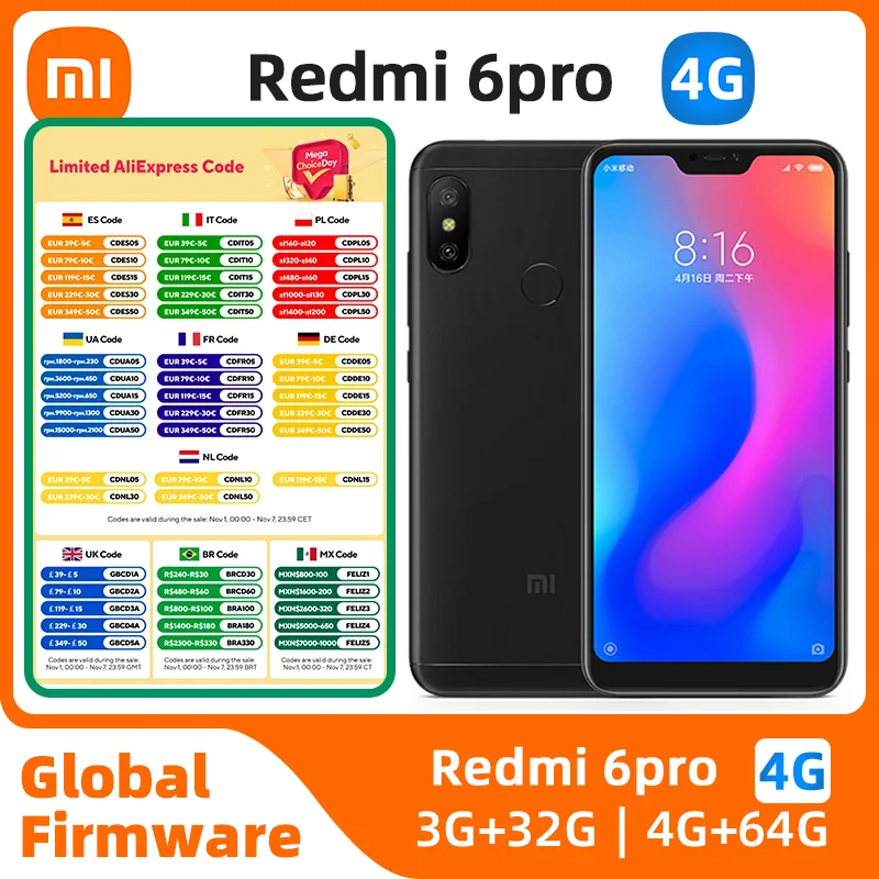 

Used xiaomi redmi 6 pro Android 4G Unlocked 5.84 inch 4GB RAM 64GB ROM All Colours in Good Condition Original Cell phone