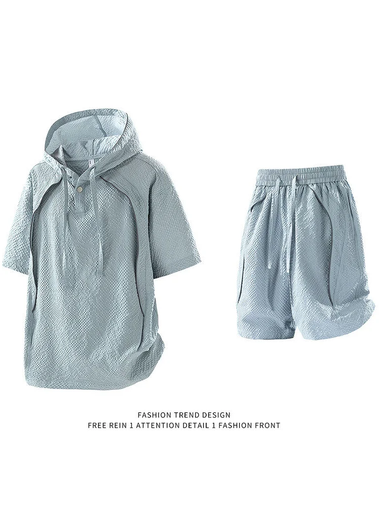 

Ice Silk Qui Dry Summer Sportswear Set Men's Loose Texture Reflective Stripe Hoodie ort Pants Two Piece Set Breathable Yo...