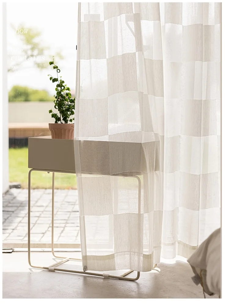 Korean Style Linen Plaid Curtain Semi Transparent Shading Window Drapes Living Room Bay Window Balcony Japanese Atmosphere tulle