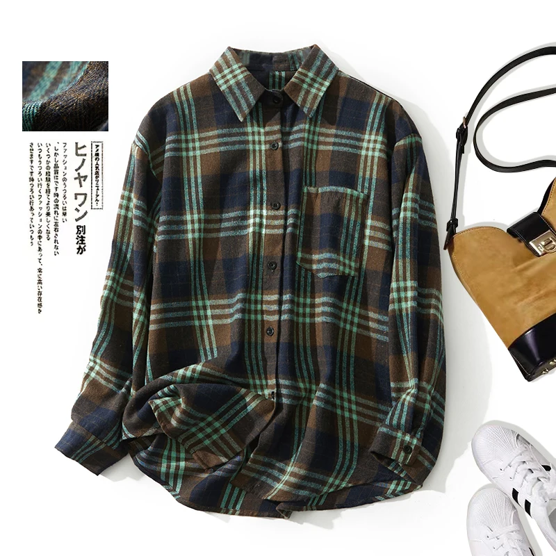 Harajuku اليابانية الرجعية الأخضر منقوشة نحى قميص المرأة فضفاضة تناسب مفتوحة الجبهة سترة الربيع جودة بلوزة الكاكي جيب القمم