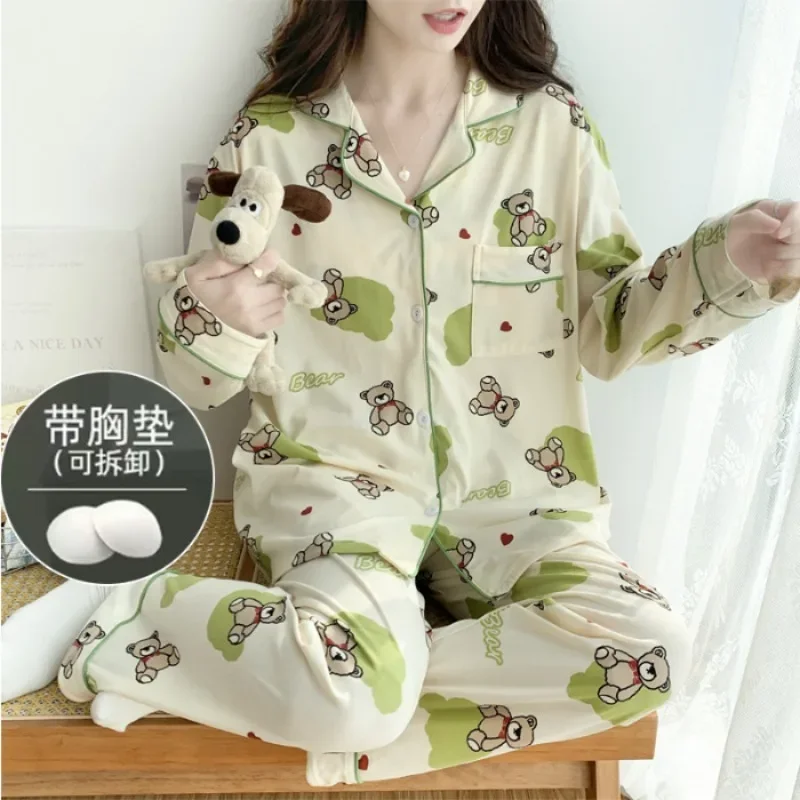 Pyjama deux pièces imprimé dessin animé pour femme, grande taille, coussin de poitrine, automne, printemps, faux coton, vêtements de maison, pantalon coréen, ensemble haut