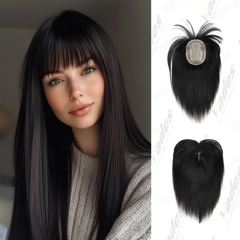 

100% Real Human Hair Toppers with Bangs 3D Lace Clips in Hairpieces for Women Daily Use Covering Thinning Greyish Hair Topper