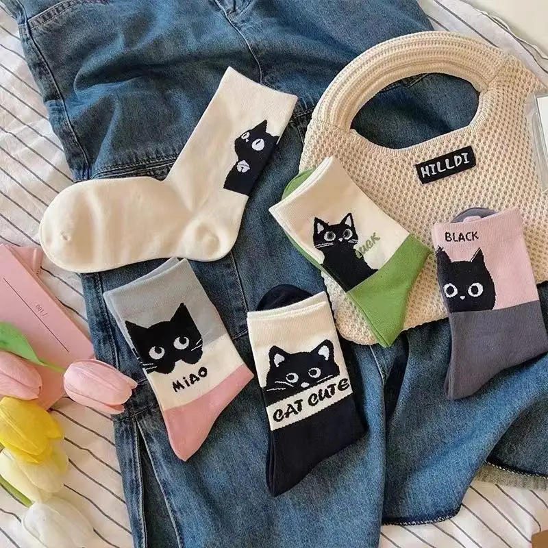 5 Paar süße Cartoon-Katzen-Themen-Socken, Katze, farbblockierte Mittelkalb-Socken, Frühling und Sommer, atmungsaktive Mittelkalb-Socken für Damen – Detail 4